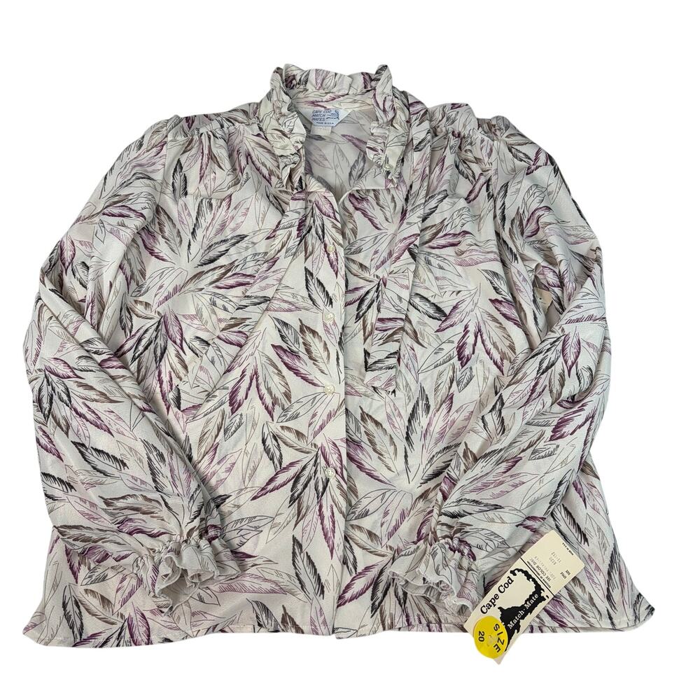 VTG NWT womens cream blouse, purple gray leaf pattern. Ruffles. Size 20. 1980s